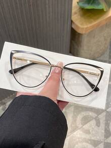 1 Pair Women's Black Outlined Cat Eye Metal Frame Vintage Thin Arm Personalized Spring Leg Fashion Glasses - Black Gold - View 2
