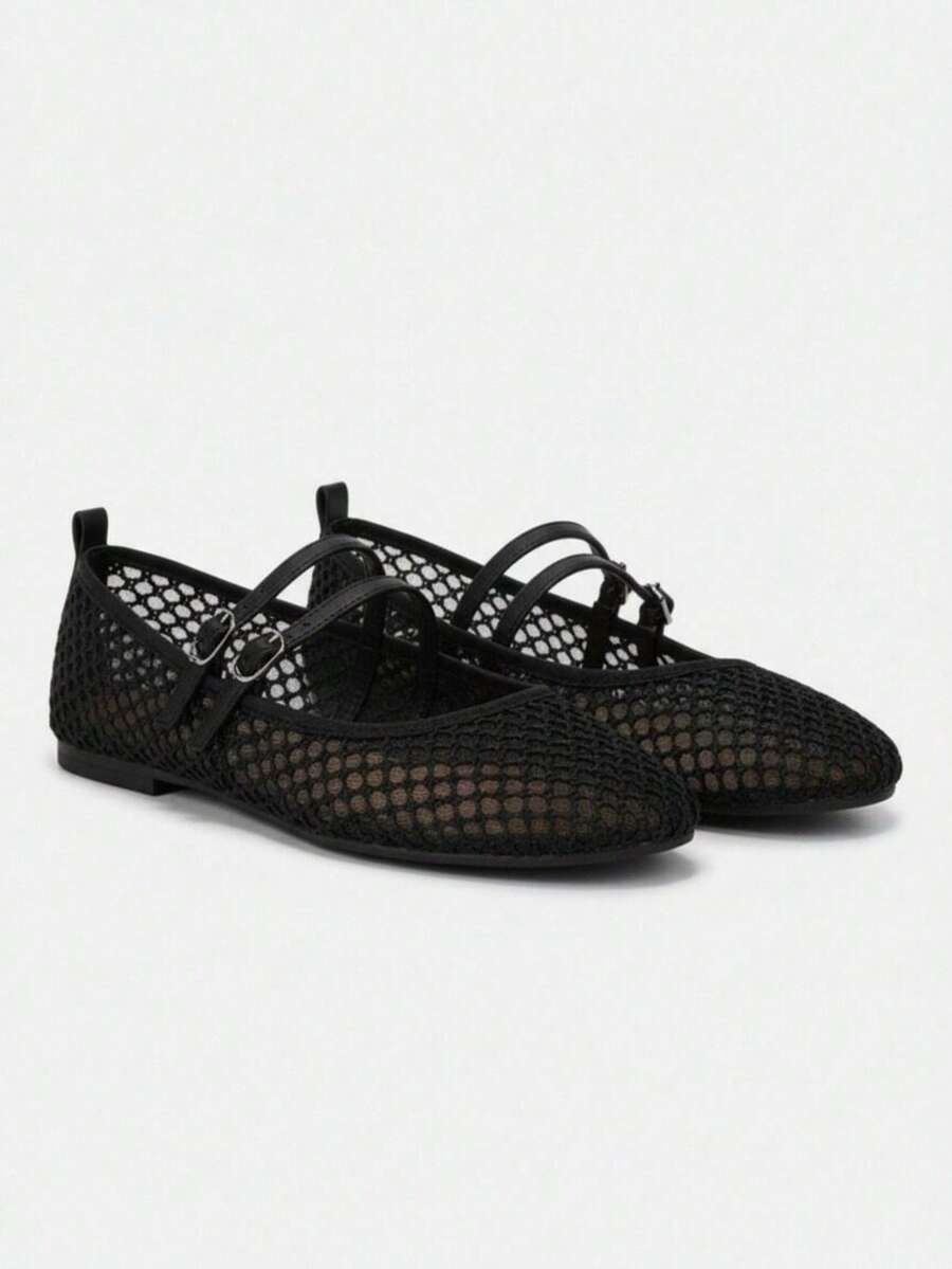 Women's Mesh Strap Buckle Flat Shoes, New Round Toe Casual Ballet Shoes, Versatile - Black - View 1