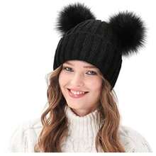1 pièce Bonnet tricoté à revers avec pompons multicolores pour femmes, super doux, coupe-vent et thermique. Parfait pour l'automne, l'hiver, les activités de plein air et le port quotidien, l'été, la plage - noir + boule noire - Voir 2