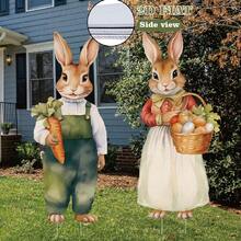 2 decoraciones grandes de Pascua para exteriores, 2 piezas, señales de patio con diseño plano 2D, conejito vintage con zanahoria y huevos, decoración rústica de granja para el patio, decoración de jardín y césped para fiestas de Pascua en primavera. - Multicolor - Ver 3