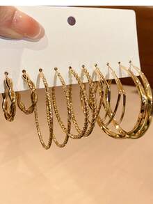 一套经典金属扭纹圆环耳环，适合日常佩戴和通勤。 - 金色-5對 - 查看 3