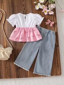 Baby Girls' Fashion Casual Cute Set, Stylish Bow 2 In 1 Shirt + Bow Tassel Denim Pants - Pink - View 2