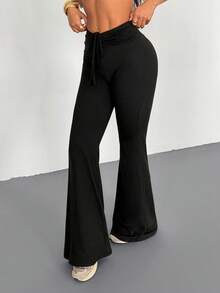 Quần nữ AITYI Studio, kiểu dáng ôm sát, thiết kế nhún bèo có dây rút, tôn dáng, thời trang, gợi cảm, thanh lịch, phù hợp cho hoạt động ngoài trời, đi làm, phong cách Y2K đa năng, thích hợp cho lễ tốt nghiệp, năm mới, ngày Valentine, mọi mùa, quần ống loe co giãn bằng vải dệt kim. - màu đen - Xem 2