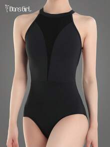 DonsGirl 一件装女士法式芭蕾舞紧身衣 - 露肩领口，弹性网纱拼接，优雅舞蹈表演服 - 黑色 - 查看 10