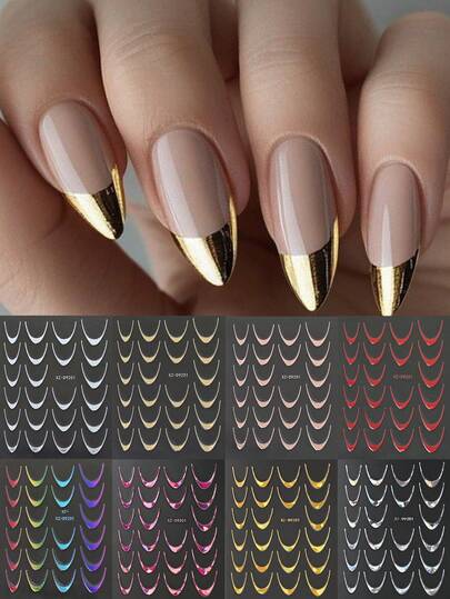 8pcs/Set Laser Gold & Silver French Curve Striped Nail Art Stickers, Minimalist Line Design Elegant Nail Decals DIY