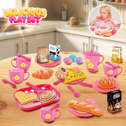 25pcs Afternoon Tea Dessert Food Playset, Realistic Dessert Tableware Pretend Play Kitchen Cookware Tea Set Toy Storage Box, Interactive Toy For Boys And Girls, Creative Gift For Birthday, Random Color And Style