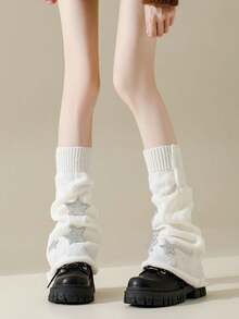 1双女士长筒腿套，学院风宽松过膝腿套，针织亚文化纯色条纹五角星垂坠腿套，适合日常和假日穿着 - 彩色 - 查看 3