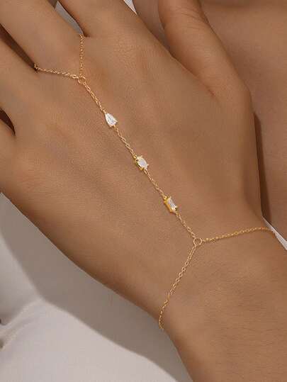 1Pc 925 Sterling Silver Classic Geometric Elements Cubic Zirconia Connected Finger Ring Bracelet Fine Jewelry Suitable For Women For Daily, Dates, Vacation, Wedding, Party, Holiday Gift