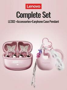 Lenovo LE302 Fashionable Bluetooth Headset Combo, With Bow Headphone Accessory And Protective Case, In-Ear Headphones With Surround Sound, High-Quality Audio, Low Latency, Music, Gaming, ENC Noise Cancellation, Comfortable Wear, No Ear Piercing, Stylish Earring Accessory, Gift For Women - Pink Headphones + Earrings + Pendant Protective Case - View 2