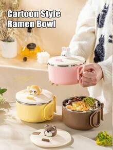 Cute Kitchen 1/2pcs 1200ml Stainless Steel Salad/Ramen Bowl, Large Capacity, Cute Cartoon Animal Design With Phone Holder, Suitable For Noodles, Pasta, Breakfast, Lunch, Dinner, Thanksgiving, Back To School, Also Can Be Used As Dinnerware, A Thoughtful Gift For Family And Friends - Multicolor - View 1