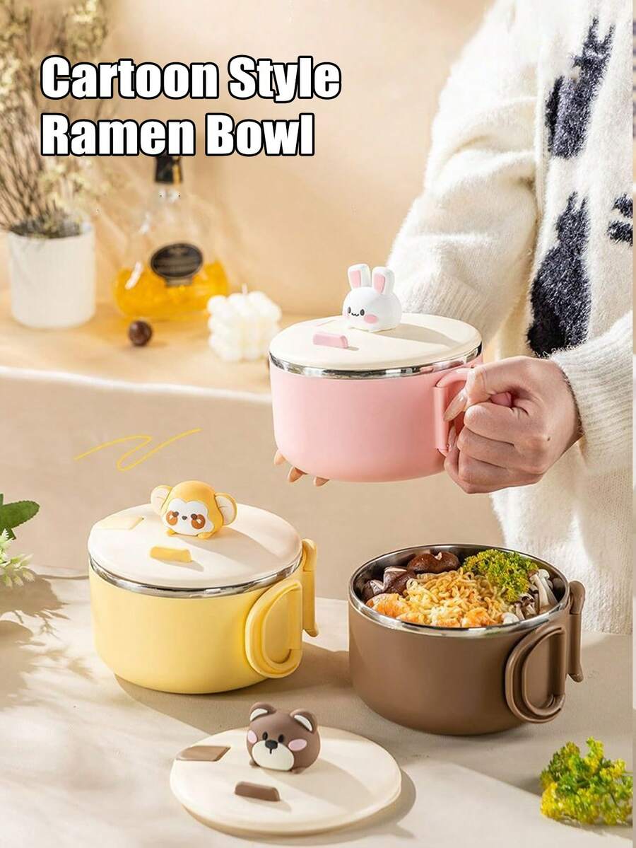 Cute Kitchen 1/2pcs 1200ml Stainless Steel Salad/Ramen Bowl, Large Capacity, Cute Cartoon Animal Design With Phone Holder, Suitable For Noodles, Pasta, Breakfast, Lunch, Dinner, Thanksgiving, Back To School, Also Can Be Used As Dinnerware, A Thoughtful Gift For Family And Friends - Multicolor - View 1