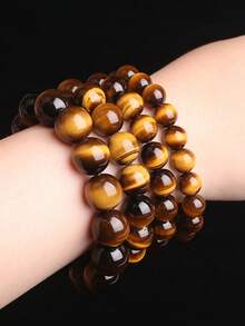 1pc Tiger Eye Beaded Bracelet, Natural Stone Round Bead Handmade Yoga Energy Bracelet, Fashion Casual Jewelry Gift - Brown - View 2