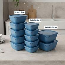Set Of 12 Square Plastic Containers In Various Colors – Kitchen Organizer With Lids (5*500 Ml, 5*1 L, 2*1.8 L) - Teal Blue - View 2