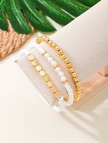 3件套时尚波西米亚风串珠脚链，金属三层叠层白色软陶瓷珍珠脚链套装，少女假日风，春夏新款，个性化定制，欧美风格 - 彩色 - 查看 4