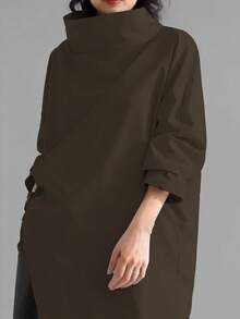 女士休闲高领宽松套头毛衣，纯色梭织面料，纽扣装饰，适合办公室、日常穿着、度假、春秋季穿着。 - 咖色 - 查看 6