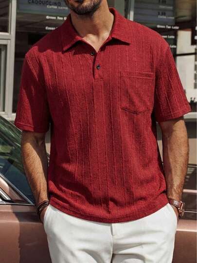 LOOKUN Solid Color Vintage Style Men's Polo Shirt, Fashionable Elegant Business Casual Holiday Loose Fit Buttoned Half-Placket Collared Top, LOOKUN Spring/Summer