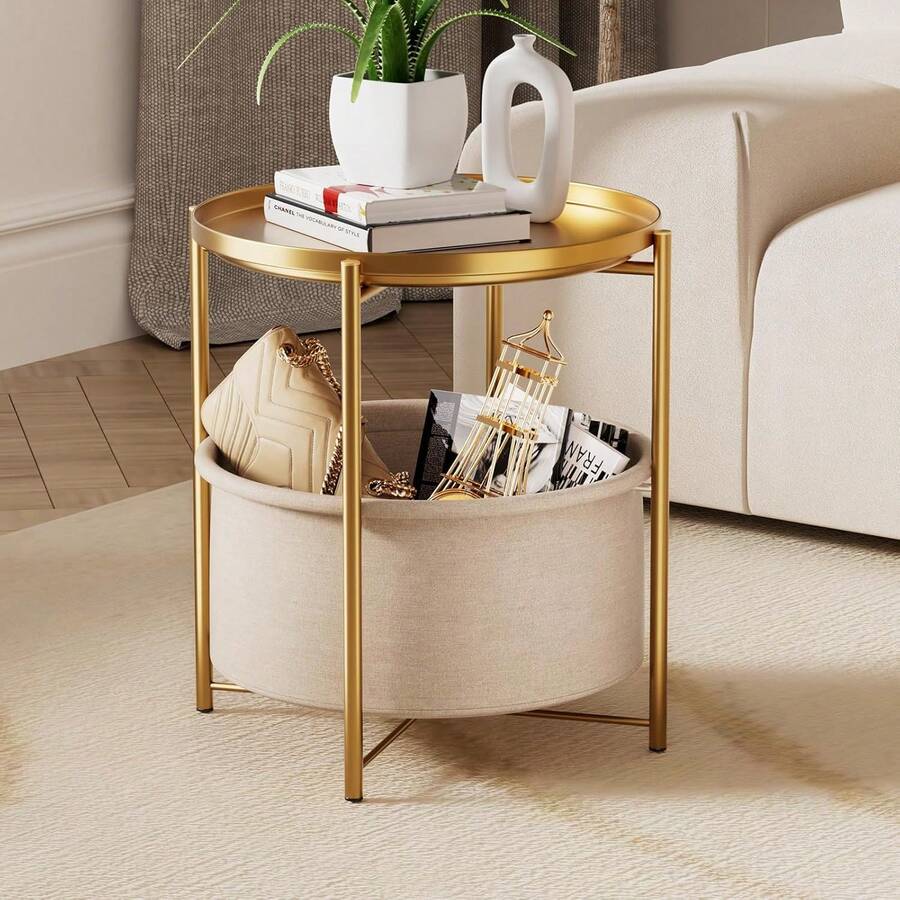 Mesa Auxiliar Moderna con Bandeja Dorada, Estructura Metálica, Almacenamiento Inferior Beige - 1 - Ver 1