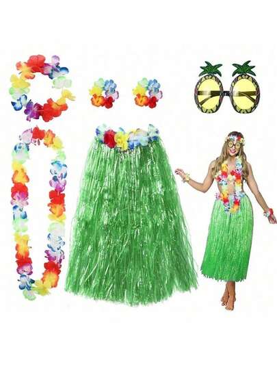 Set de 6 piezas de 40/60cm Falda de estilo hawaiano, incluye collar de flores, pulsera, tocado y gafas de sol con piña. Falda de hula hawaiana para adultos adecuada para fiestas, bailes, fiestas de playa tropical, bodas, baby shower y decoración (Verde)
