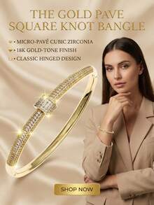 简约几何方形细节手镯，可叠戴水钻镶嵌个性手镯时尚饰品 - 金色 - 查看 3