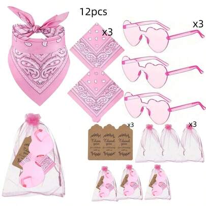 6 Sets/12 Pcs Cowgirl Party Costume Accessories, Red/Pink/Black, Suitable For Birthday Celebration, Wedding, Bachelorette Party, Includes 6 Pairs Of Transparent Frameless Heart-Shaped Glasses And 6 Scarves