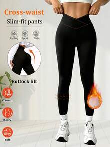 1 chiếc quần legging giữ nhiệt nữ, quần dài giữ nhiệt dày dặn cạp cao với thiết kế dây chéo, quần bó sát co giãn thích hợp cho yoga và thể dục, cạp quần co giãn thoải mái, phù hợp cho đi bộ đường dài, tập thể dục, giữ ấm và định hình vóc dáng vào mùa đông. - màu đen - Xem 1