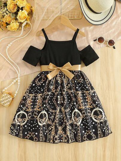 4-7 Years Old Girls' Off-Shoulder Strap Dress, Strap Shoulder Design Top Paired With Printed Skirt, Suitable For Summer Vacation, Festivals, Daily Wear