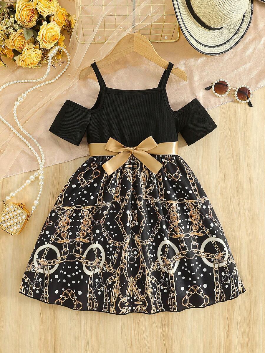 4-7 Years Old Girls' Off-Shoulder Strap Dress, Strap Shoulder Design Top Paired With Printed Skirt, Suitable For Summer Vacation, Festivals, Daily Wear - Black - View 1