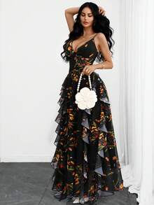 Women's Romantic Elegant Black Floral Print V-Neck Layered Ruffle Hem Mesh Maxi Dress - Multicolor - View 1