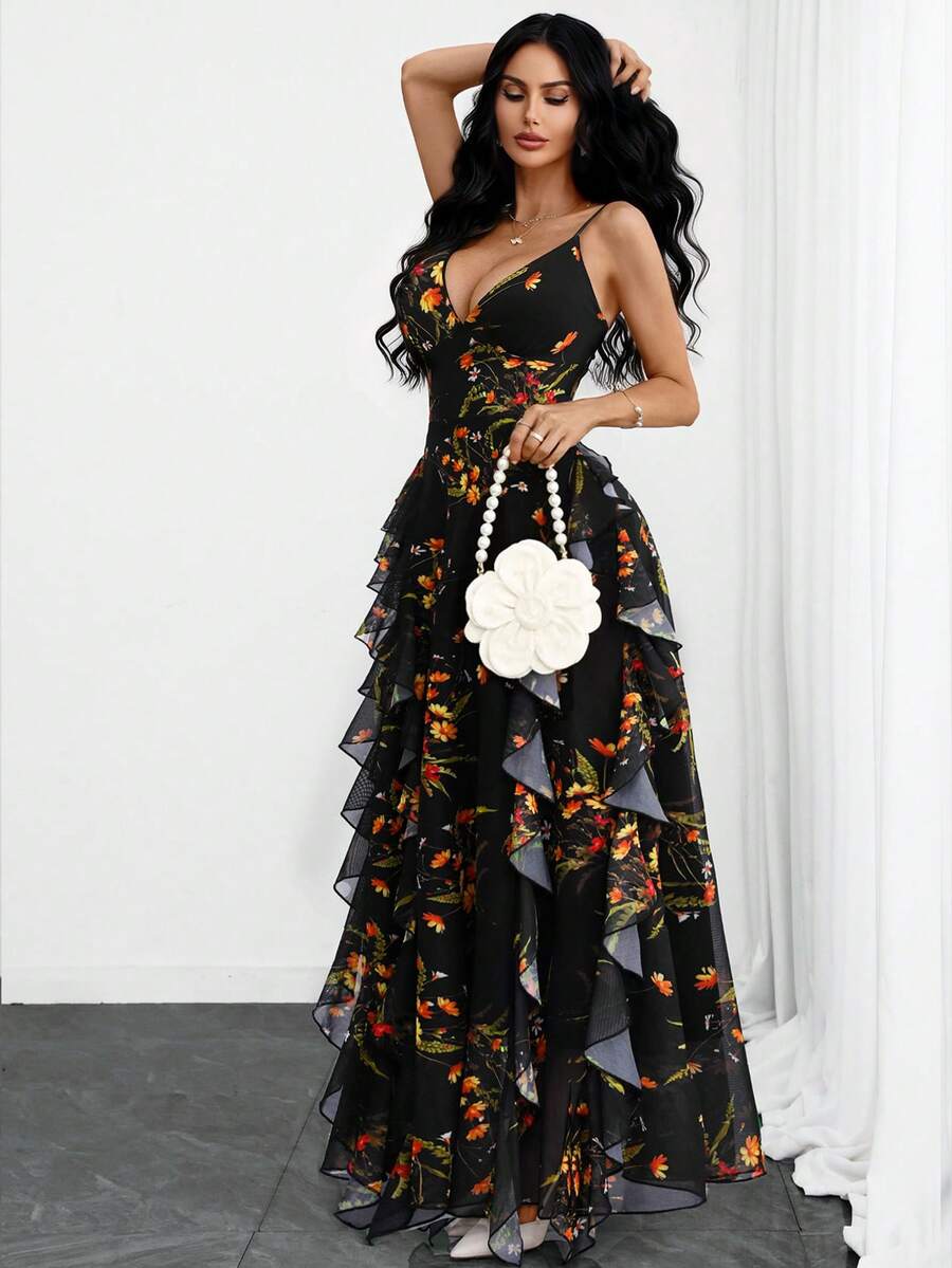 Women's Romantic Elegant Black Floral Print V-Neck Layered Ruffle Hem Mesh Maxi Dress - Multicolor - View 1