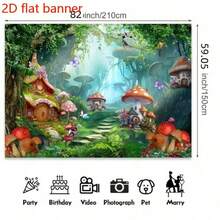 1pc Enchanted Garden Photography Backdrop, Polyester Fabric With Mushroom, Butterfly And Wild Flower Pattern, Suitable For Birthday Party And Celebration Events - Multicolor - View 4