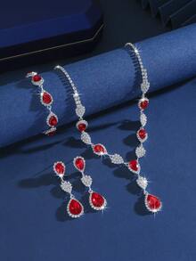 1 Set Copper Material Sparkling Crystal + Inlaid Teardrop Gemstone Necklace Set (Necklace + Earrings + Bracelet), Fashionable Accessory - 1662796 Red Suit - View 3