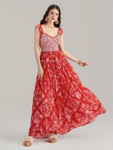 Women's Long Dress Vintage Fashion Print Sweetheart Neck Cap Sleeve Smocked Waist A-Line Layered Dress For Party Club - Red - View 3