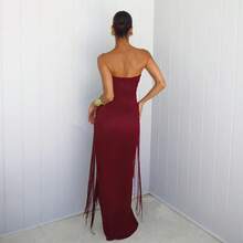 女士优雅红色流苏抹胸长裙，露背无袖晚宴礼服，春季婚礼 - 酒紅色 - 查看 3