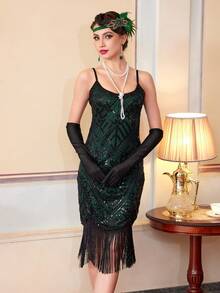 1920s Flapper Dresses For Women, Great Gatsby Costumes With Fringe With Accessories Set - Green - View 5