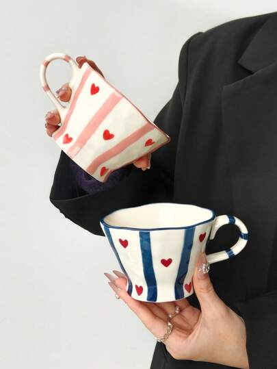 1pc Hand-Painted Heart & Stripe Ceramic Mug, Breakfast Milk Cup, Latte Coffee Cup, Afternoon Tea, Suitable For Home, Cafe, Photography, Valentine's Day Gift Pair, Mother's Day, Thanksgiving, Gift For Family And Friends
