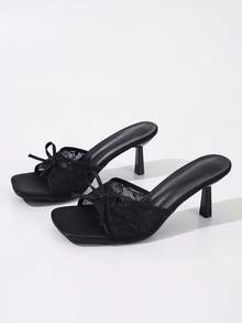 Women's Square Toe Mesh Breathable Open Toe High Heel Sandals, Versatile Minimalist Bowknot Stiletto Slide Sandals, New Summer Style - Black Square-head Double Mesh - View 10