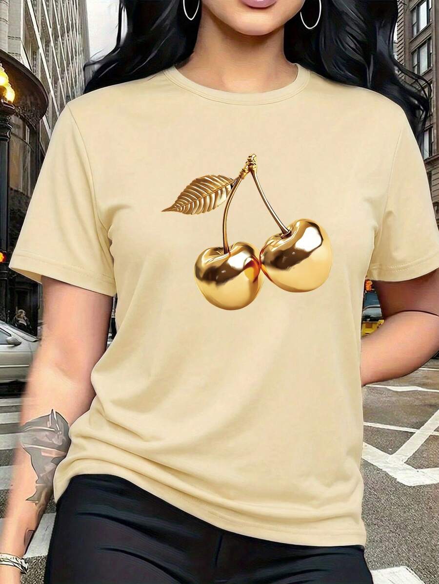 大码夏季金色樱桃印花短袖T恤，休闲舒适日常上衣 - 杏色 - 查看 1