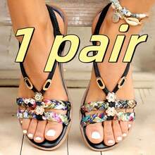 Colorful Floral Braided Thong Sandals For Women – Bohemian Multicolor Woven Strap Flats With Rhinestone Flower Decor, Gold Filigree Charms & Ankle Strap, Perfect Summer Vacation Slides, Sandalias De Mujer Con Diseño Trenzado Floral Multicolor, Zapatos De Mujer Verano Bohemios Planos Con Detalles De Diamantes Y Encantos Dorados, Women Shoes Black Base Braided Pattern For Beach Holidays, Women's Shoes Comfortable Open-Toe Slingback Sandals With Vibrant Weave And Elastic Band, Summer Sandalias Planas Para Mujer En Negro Con Motivos Tropicales Y Accesorios Brillantes, Ideal For Casual Outings Or Tropical Escapes, Featuring Cushioned Sole For Daily Wear, 2026 Styles Including Square-Toe Thongs, Asymmetric Toe-Rings, Slim-Strap Flip-Flops, Transparent PVC Accents, Vintage Silhouettes, Heeled Thongs, Mesh Footwear, Jelly Shoes, Boho Gladiators, Gorp-Y Corded Designs, Embellished Flips, Woven Heels, And Ballet-Inspired Elements - 298H9 - 查看 7