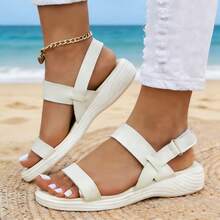 Women's Minimalist Double-Strap Woven Thick-Sole Open-Toe Sandals, Casual Commuting Summer Wear, Milky White PU Leather Flat Sandals - White - View 2
