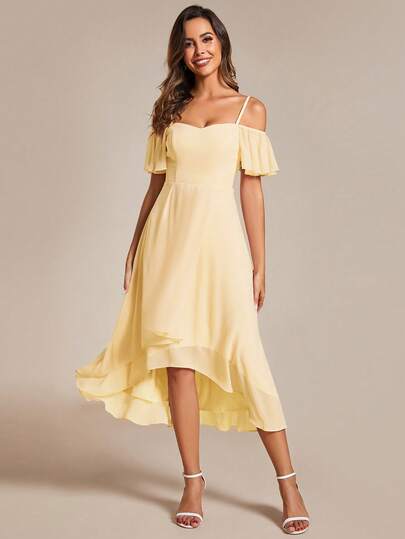 Solid Color High-Low Hem Graceful Elegant Off-Shoulder Bridesmaid Dress