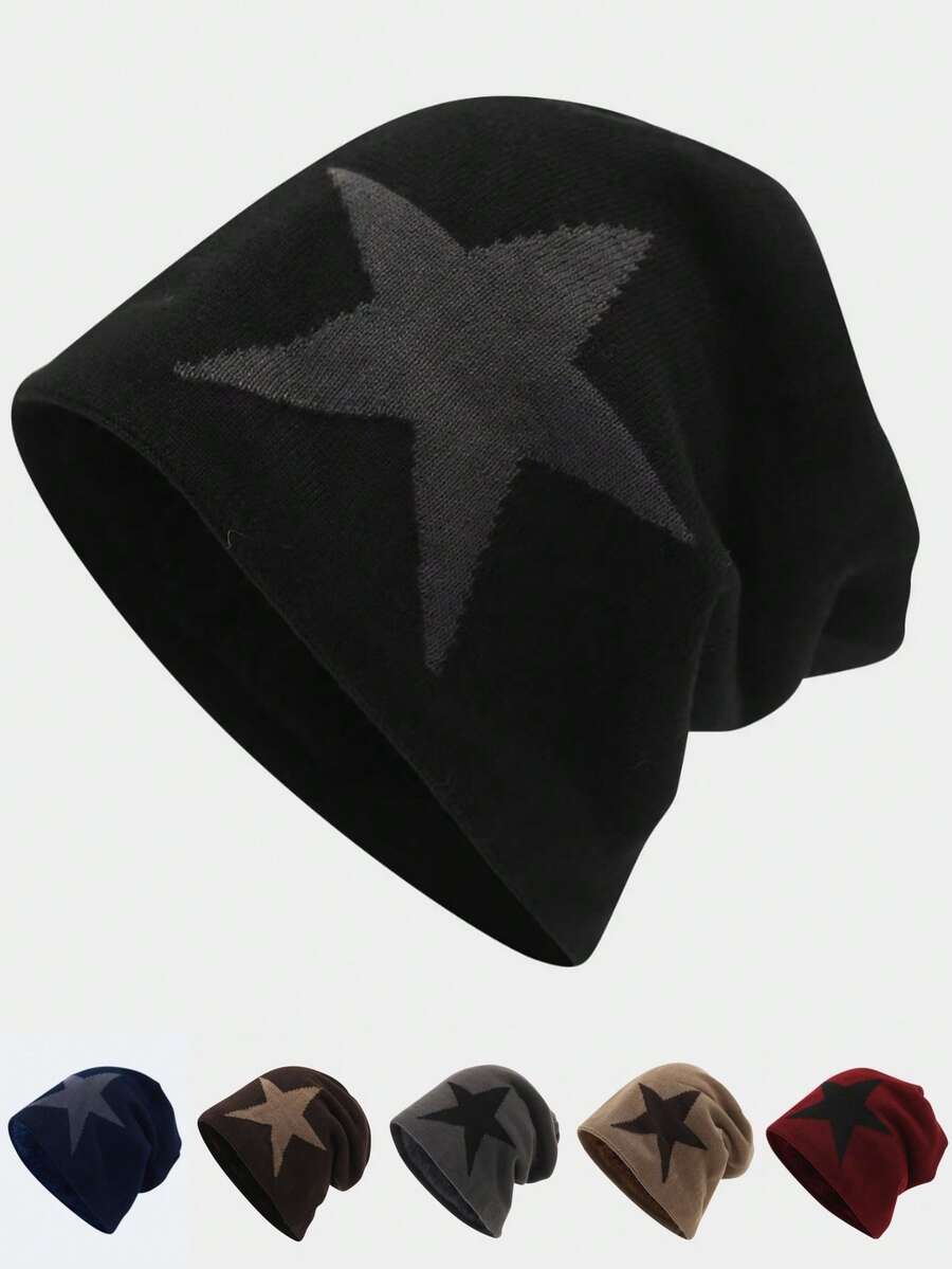 1件男士五角星提花針織毛帽,附保暖內裡 - Big Star Beanie - 查看 1