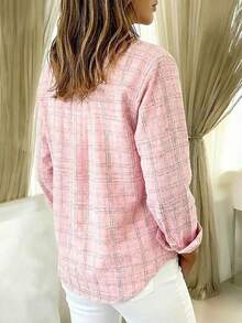 Casual Fashion Plaid Print Women's Plus Size Lightweight Long Sleeve Button-Up Shirt Pink - Pink - View 3