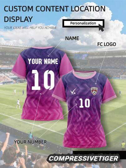 1pc Customized Gradient Purple-Pink Football/Soccer Jersey, Personalized With Name/Number, Changeable Club Logo - Create Your Unique Match Uniform, Suitable For Football, Basketball, Volleyball And Casual Wear, Perfect Gift For Valentine's Day