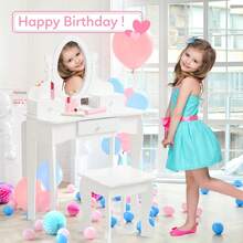 Tocador Infantil para Niñas con Espejo Ajustable, Mesa de Maquillaje con Banquito y Set de Juego de Madera, Ideal para Niñas de 4 a 9 Años - Blanco - Ver 5