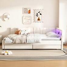Daybed, 140x200cm, Daybed, Sofa Bed, Bed Reception Area, Bed With Two Drawers, With Slatted Base (Mattress Not Included), Linen, Beige - Beige - View 3