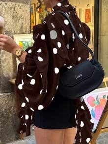 Blusa casual y sexy para mujer con estampado de corazón en contraste de color, botones delanteros y volantes/flecos en el bajo, para uso doméstico, vacaciones y verano - Café integral - Ver 6