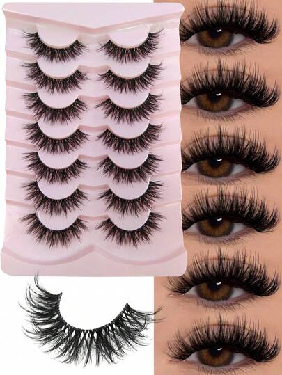 7 Pairs Faux Mink Eyelashes With Clear Band Stem Wispy Volume Eyelashes Fluffy Natural Look False Eyelashes Transparent Stem 3D Curling Full Strip Lashes Extension Makeup Tool Strip Lashes, Lashes, Eyelashes, Fake Lashes