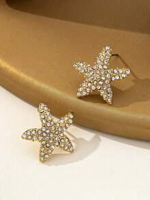 1 Pair Luxury Rhinestone Starfish Stud Earrings, Delicate Elegant Mini Jewelry For Women, Ocean/Beach Style Accessory Suitable For Daily Wear, Vacation, Date, Holiday, Party - Gold+White - View 6