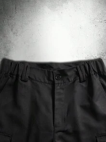 男士黑色阔腿工装七分裤，纽扣腰带多口袋街头服饰 - 黑色 - 查看 5