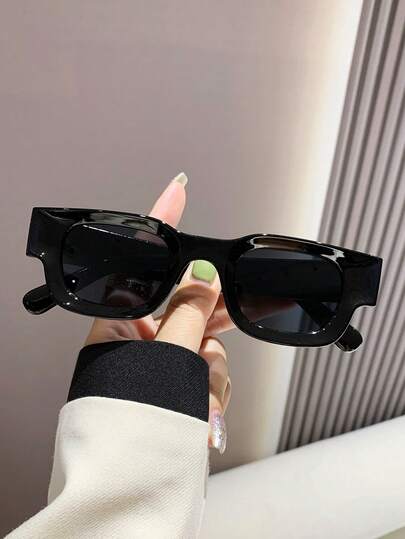 Women Men Retro Rectangle Small Frame Black Fashion Glasses, Classic Plastic Frame Shades For Outdoor Travel Beach Vacation Daily Summer Wear